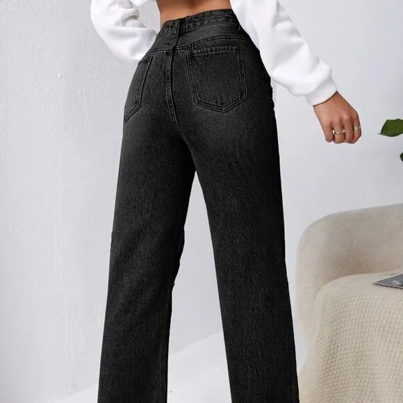 Black Casual Womens Ripped Raw Cut Straight Leg Jeans
